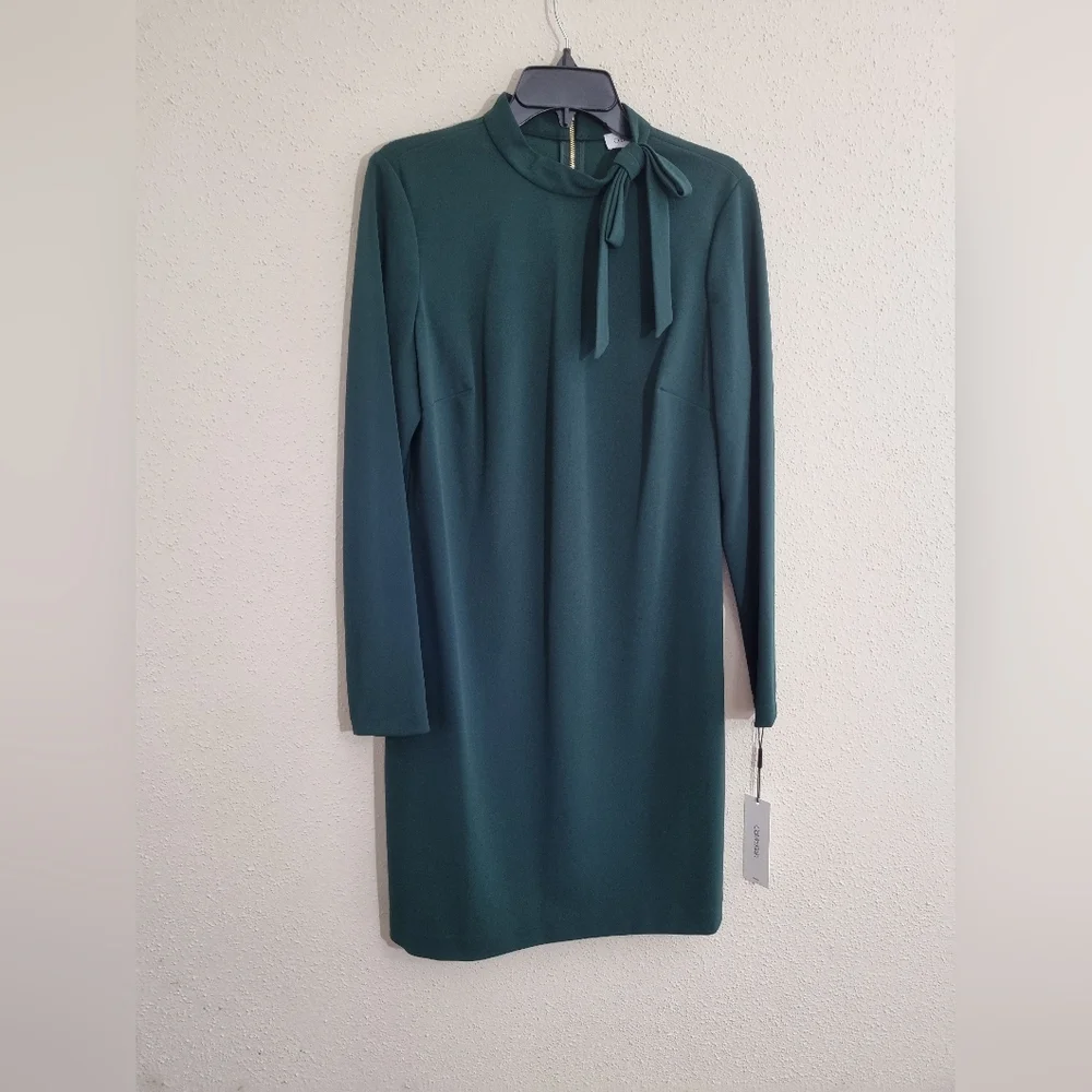 Calvin Klein Dark Green Long Sleeve Dress With Tie Neck Detail NWT Size 12 - Picture 5 of 8